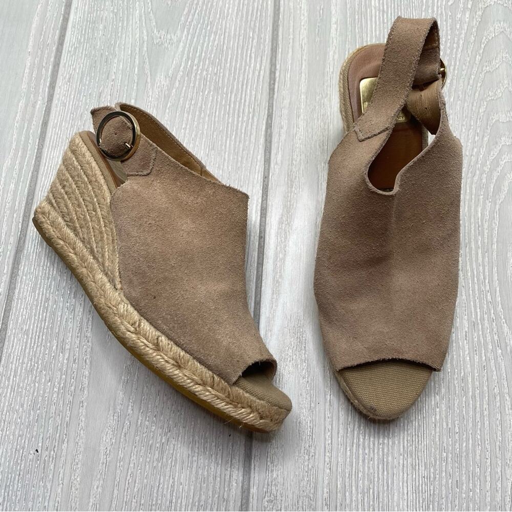 Kanna Tan Suede Leather Peep Toe Espadrille Wedges Size 7.5 EU 38